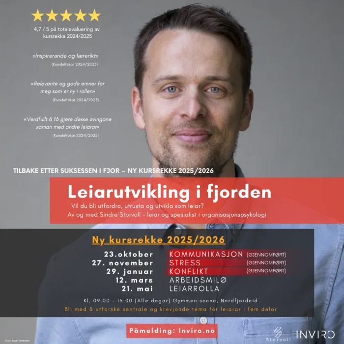  Bilete som er relevant for 'Leiarutvikling i fjorden - kursdel 4/5: Arbeidsmiljø'.